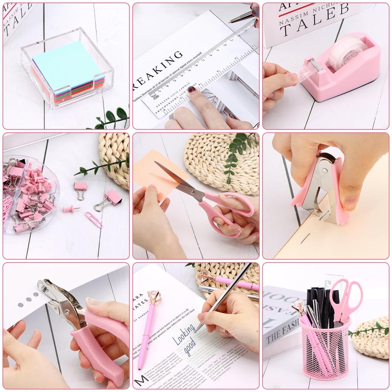 Froidesente 17 in 1 Pink Desk Organizers and Accessories Set  3 Office Desk Supplies Storage Organization  4 Pens  Stapler  Staples & Remover  Tape & Dispenser  Scissors  Ruler  Clips  Hole Punch  Sticky Holder - Image 5